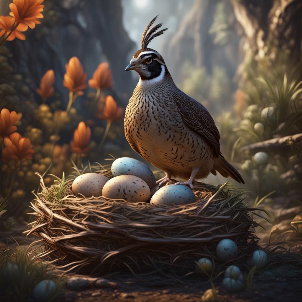 Quail on Nest: Detailed Fantasy Matte Painting
