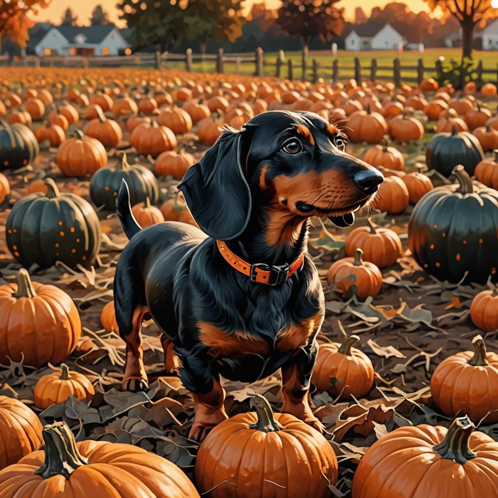 Wiener Dog in Pumpkin Patch at Sunset