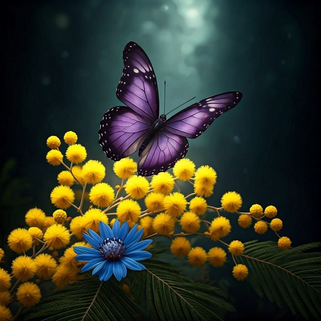 Purple Butterfly on Blue Flower, Detailed Matte Painting