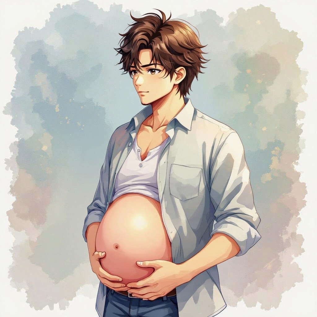 Anime Man with Pregnant Belly in Watercolor Style