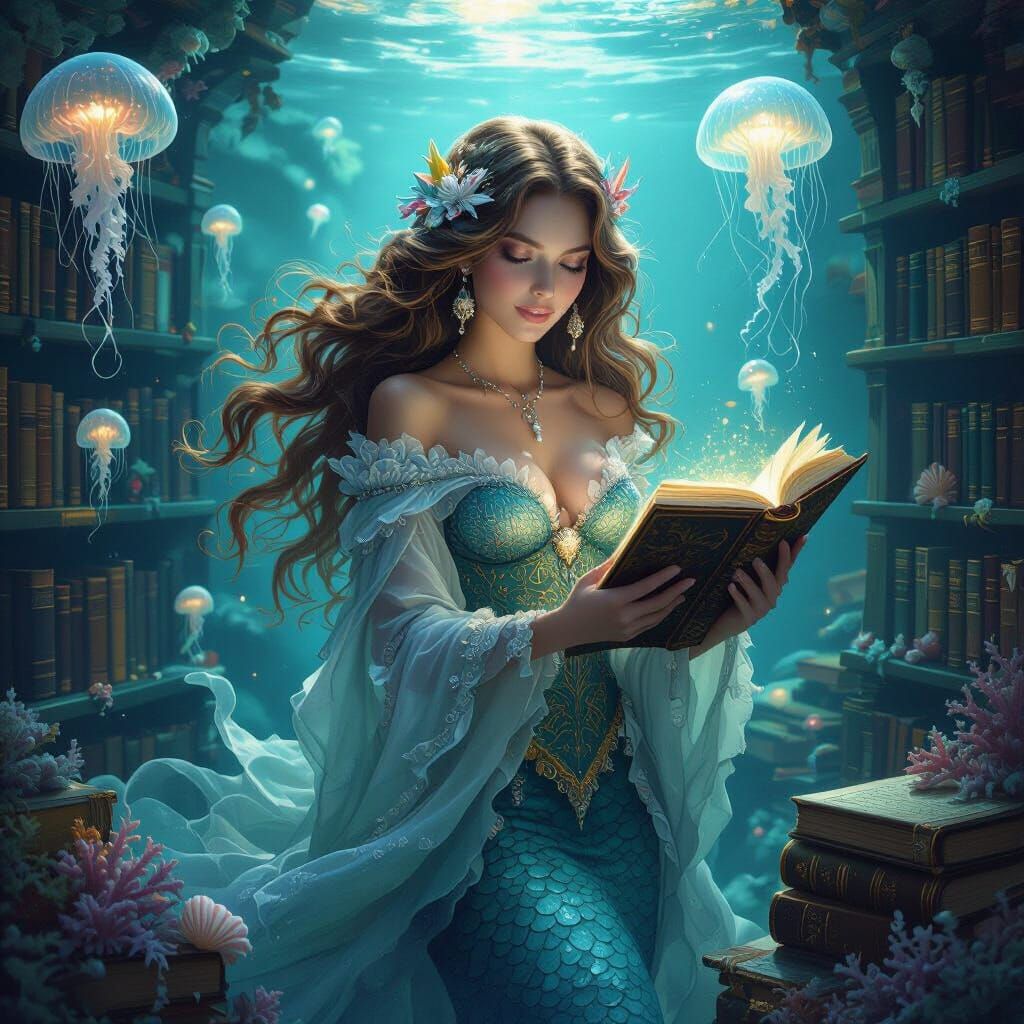 Mermaid Librarian in Underwater Library, Kinetic Fantasy Art
