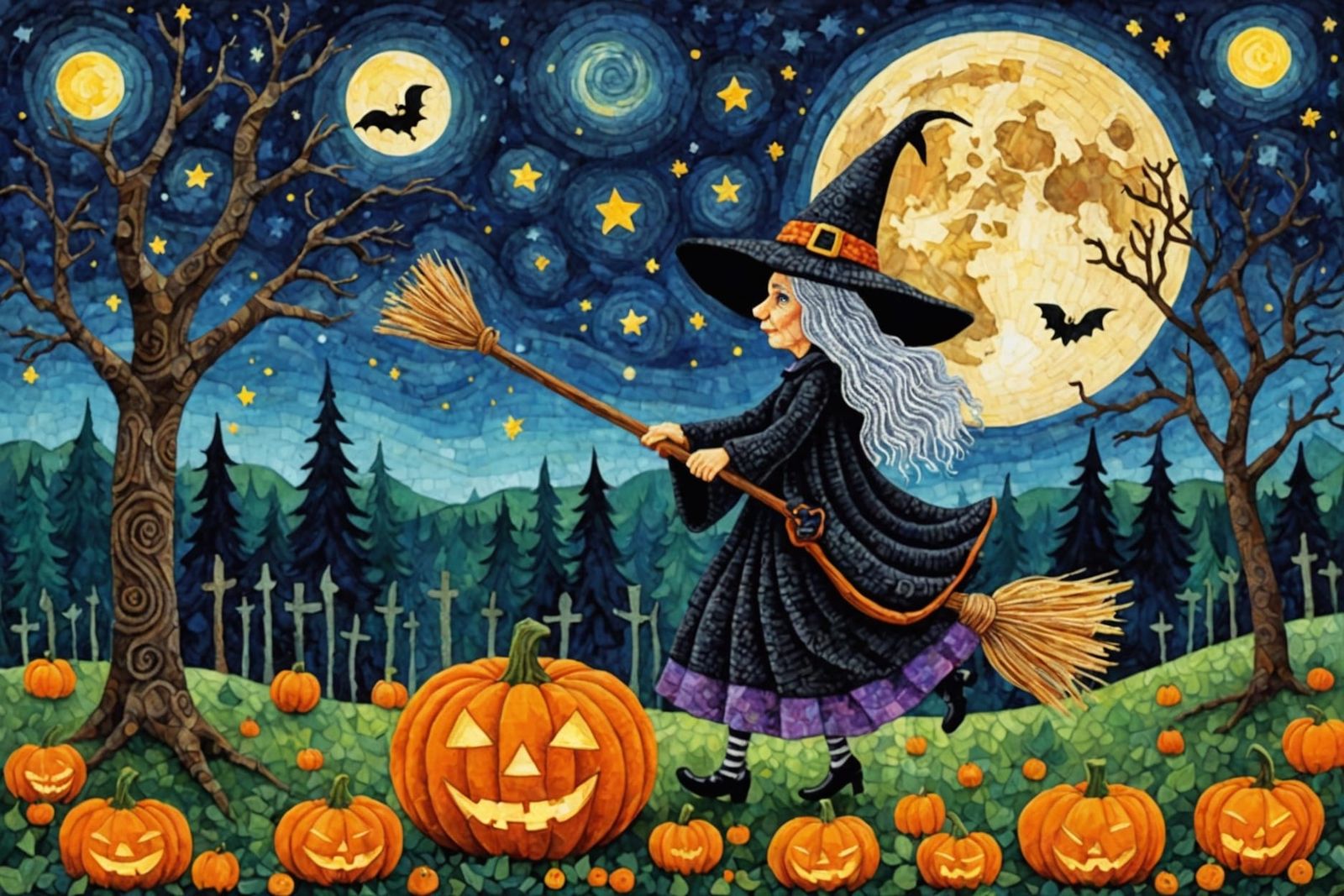 Halloween Crochet Witch in Starry Forest, Cubist Style