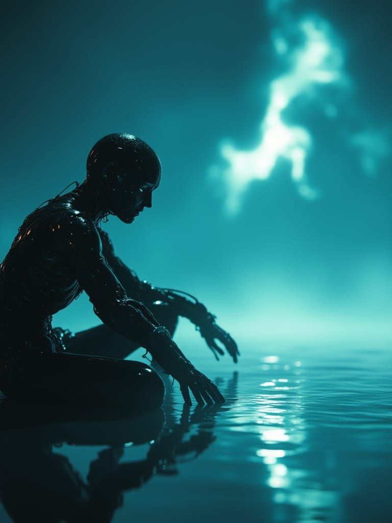 Cyborg Prophet Bows to Starlight in Neon Haze