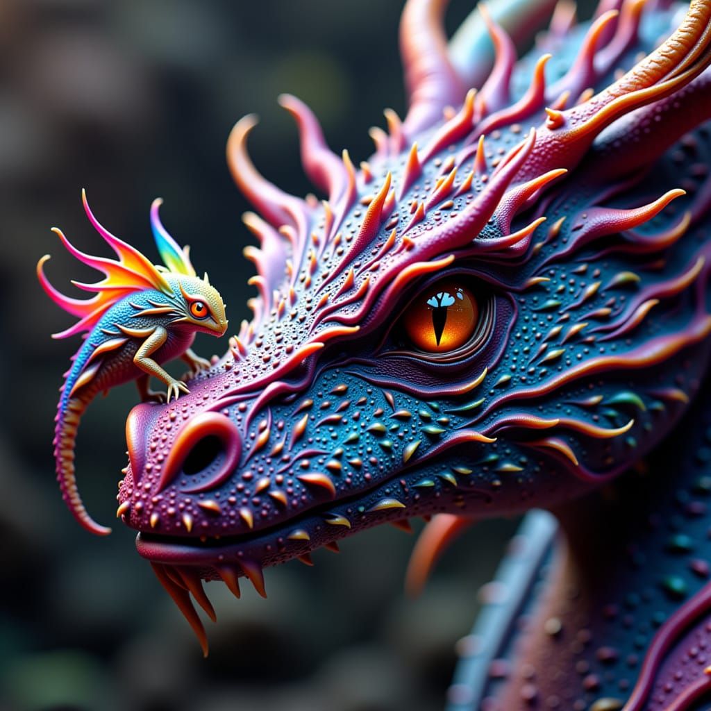Dragon Snout Close-up with Tiny Rainbow Creature