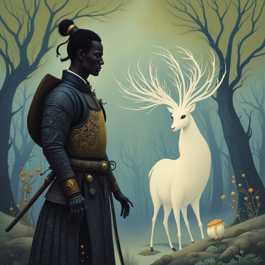 Samurai and Luminous Deer in Misty Forest