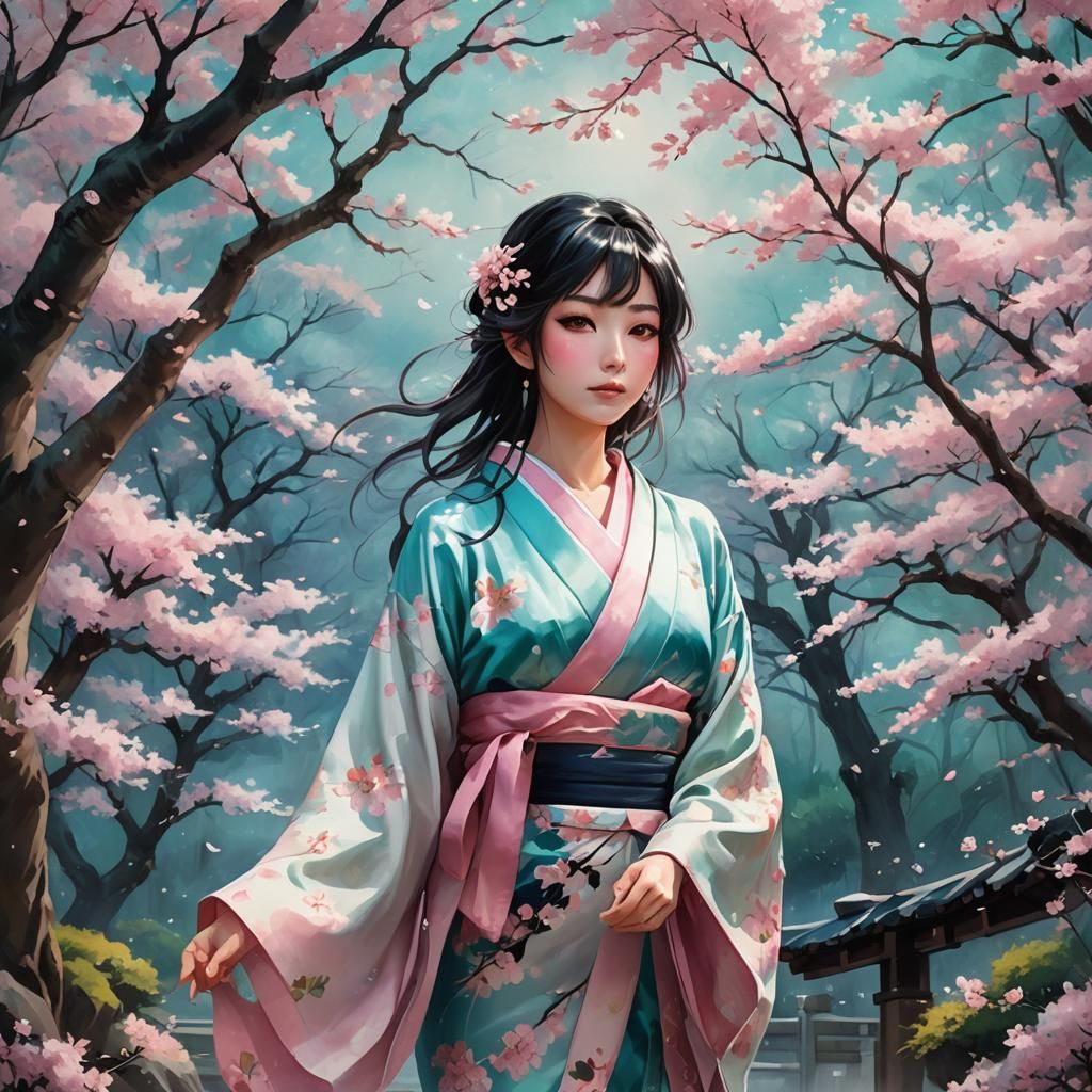 Anime Girl in Cherry Blossom Garden Painting