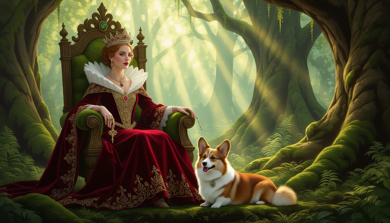Regal Queen and Corgi in Enchanted Forest