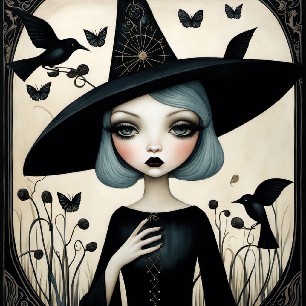 Pouty Witch Girl in Art Brut Style