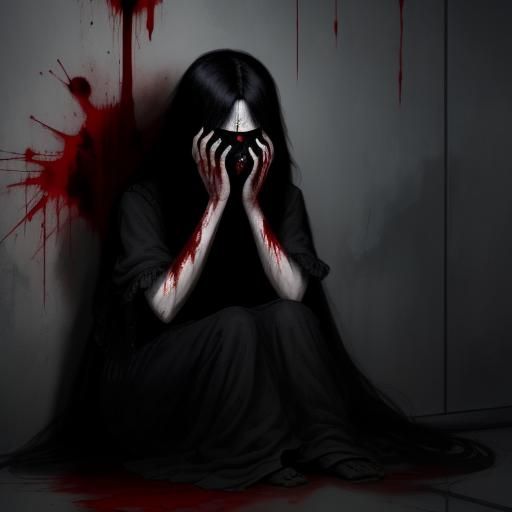 Sinister Woman Crying Blood in Dark Room