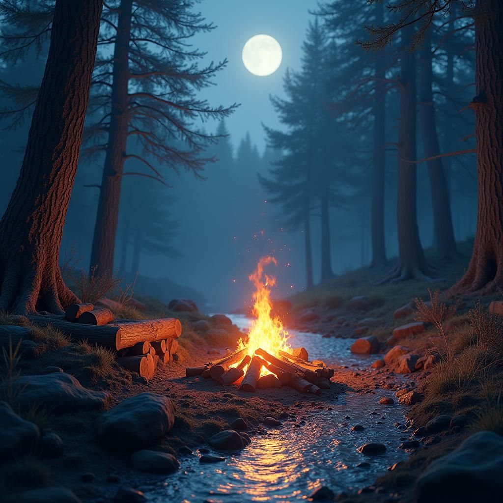 Mystical Forest Campfire Under Ethereal Moonlight