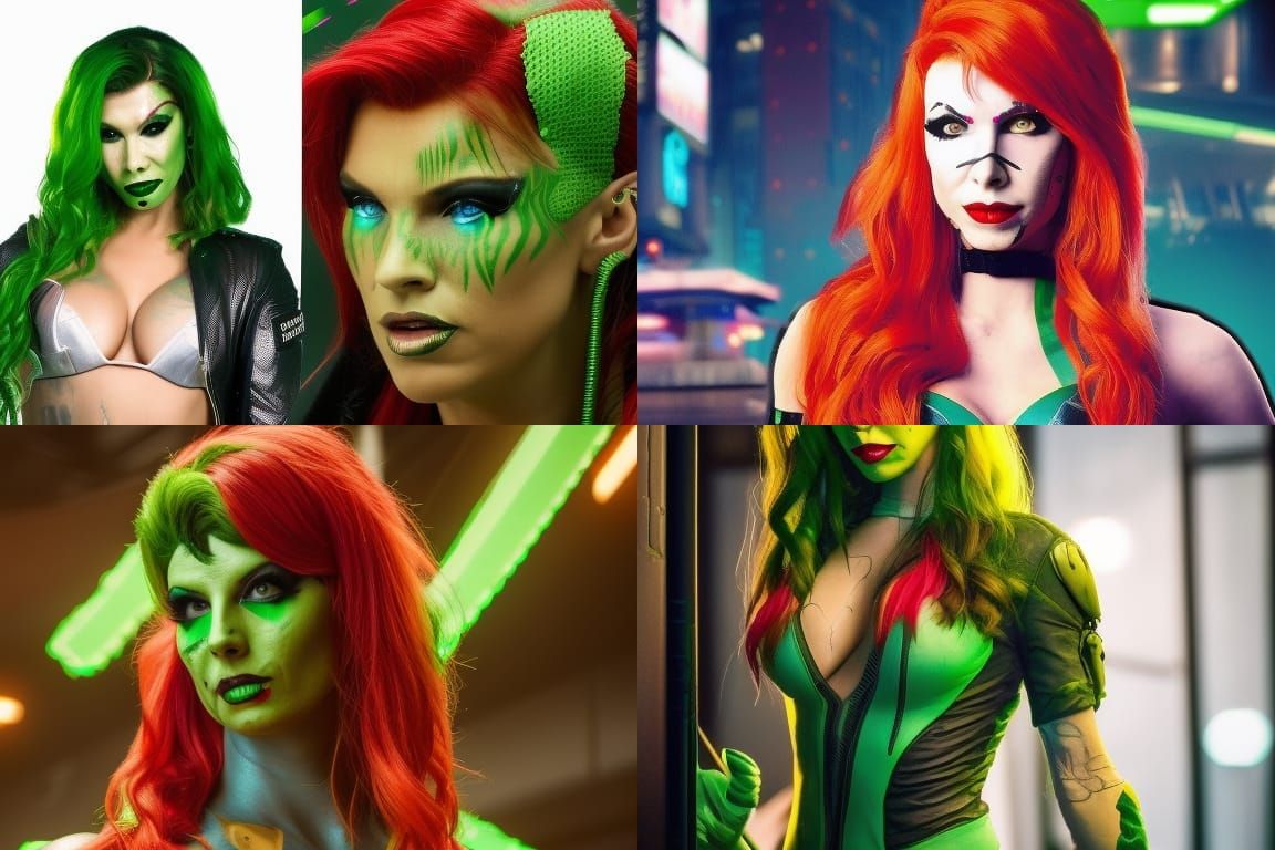 Poison Ivy Cyberpunk Cosplay in Neon Cityscape