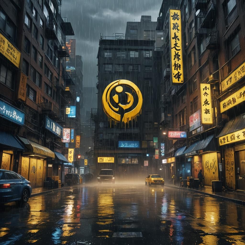 Wu Tang Logo in Rainy Cityscape: Matte Painting