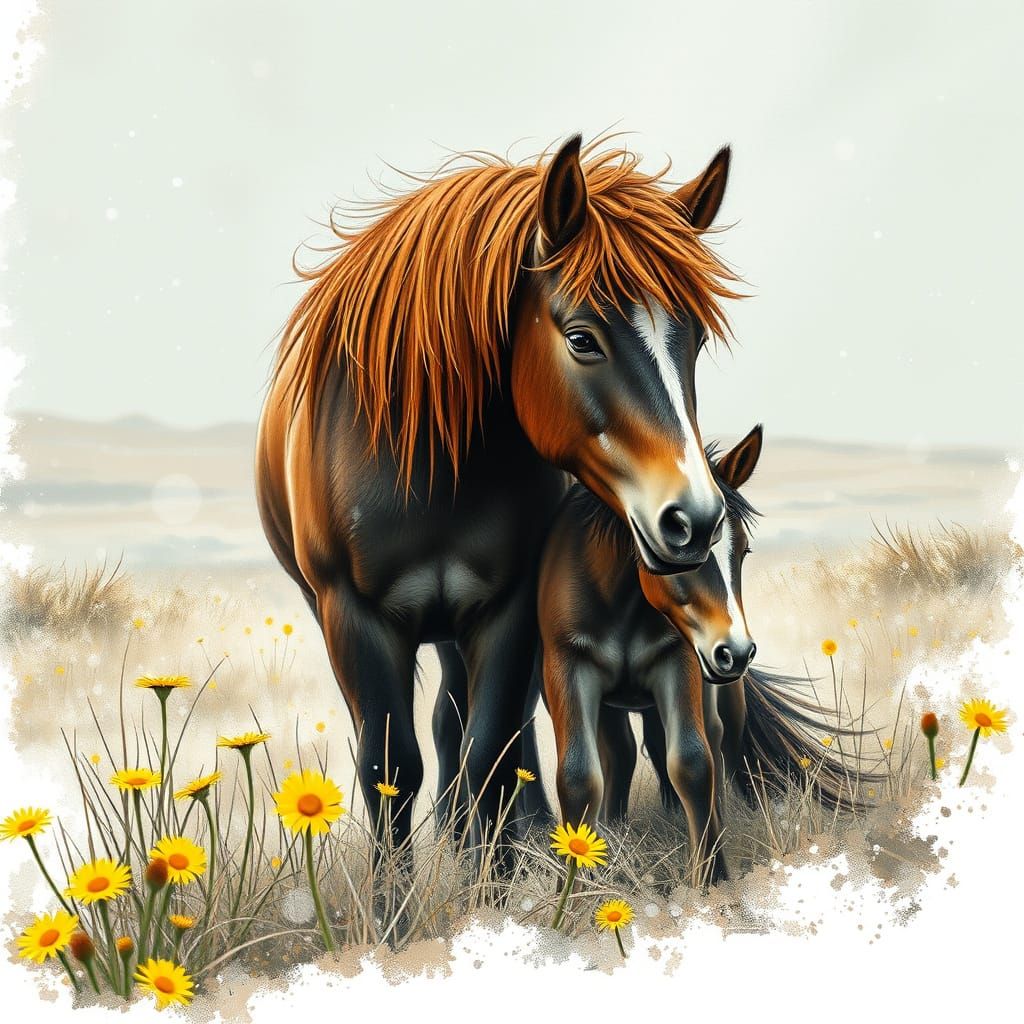 Pony and Foal Charcoal Sketch on Windswept Moor