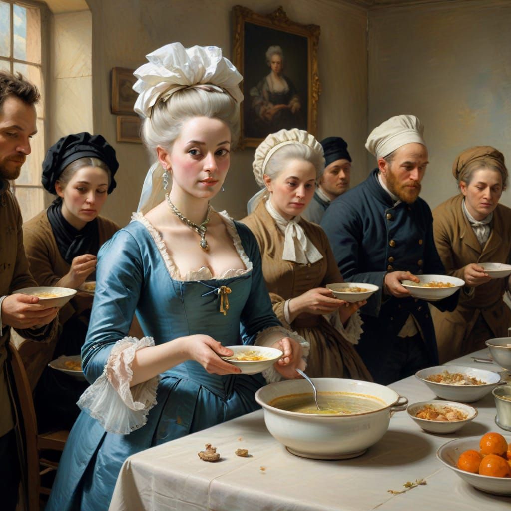 Marie Antoinette Serves Soup in Manet Style Oil Painting
