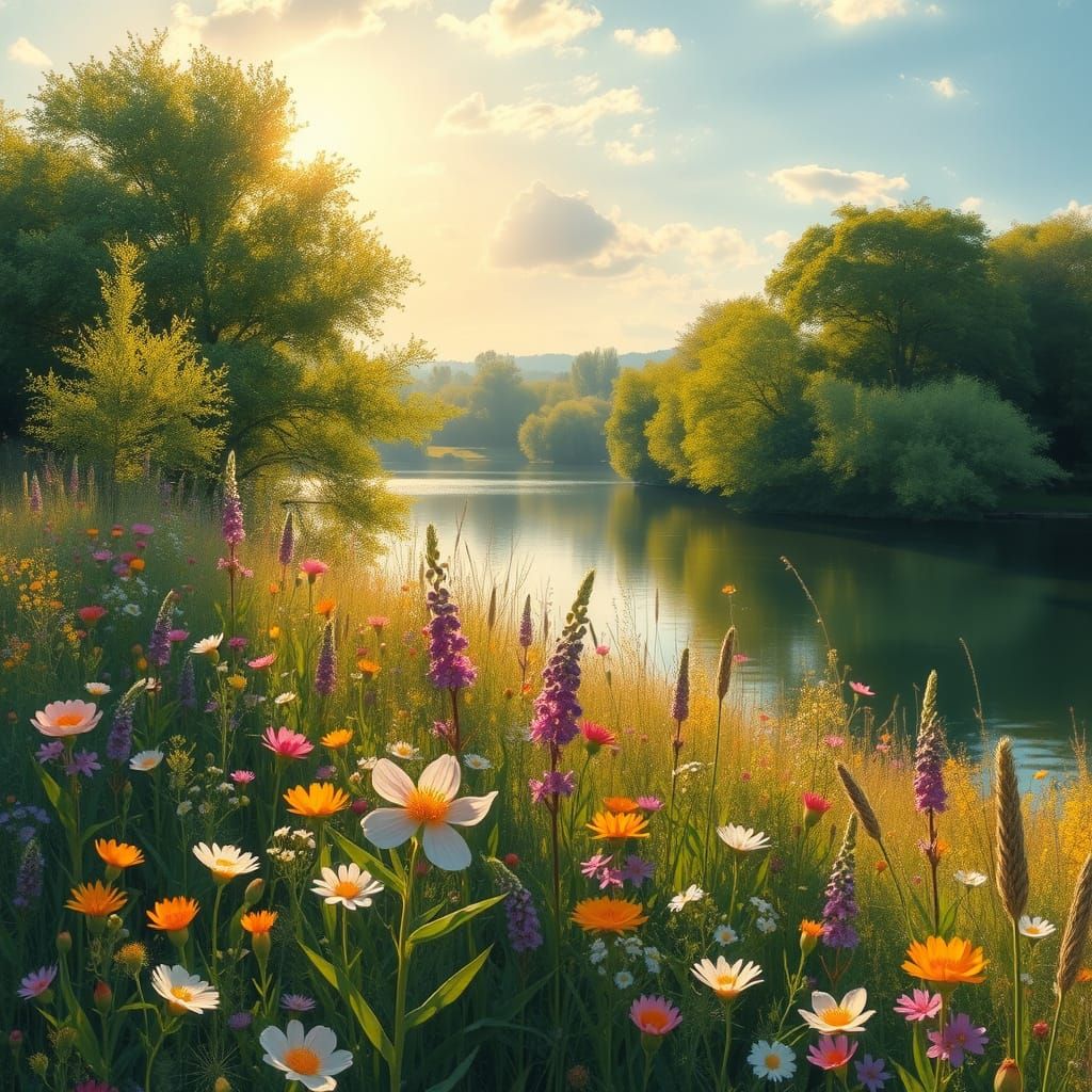 Dreamy Spring Landscape with Blooming Wildflowers and Serene...