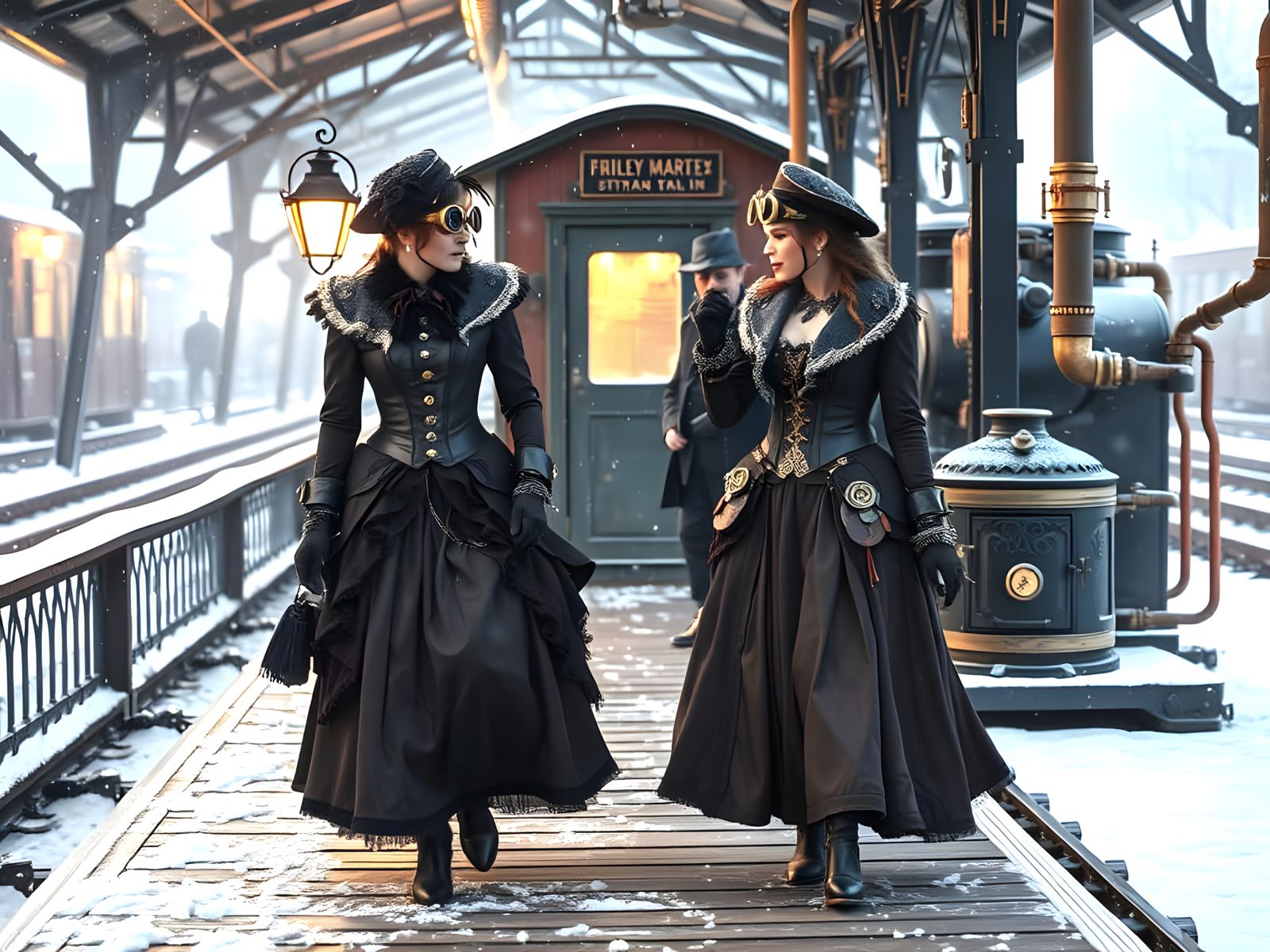Steampunk Women in Victorian Train Station