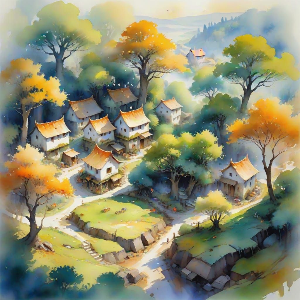 Elf Village Watercolor Painting in Golden Light