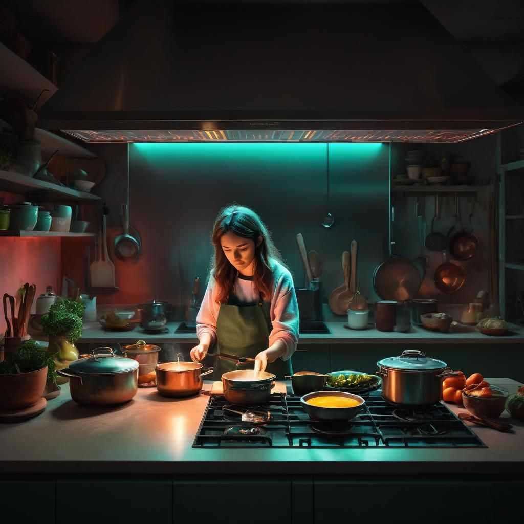 Celtic Woman Cooking with Imp in Cozy Kitchen