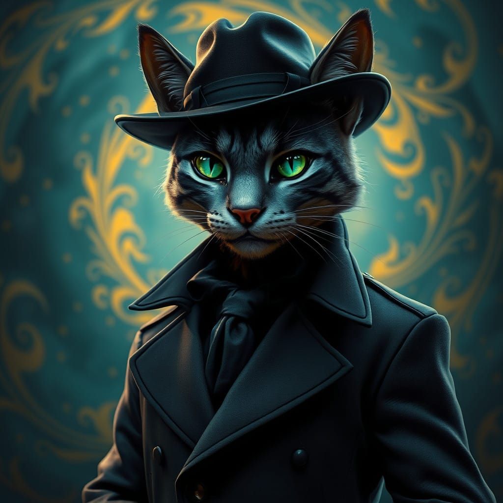 Mysterious Feline in Elegant Fedora and Trench Coat