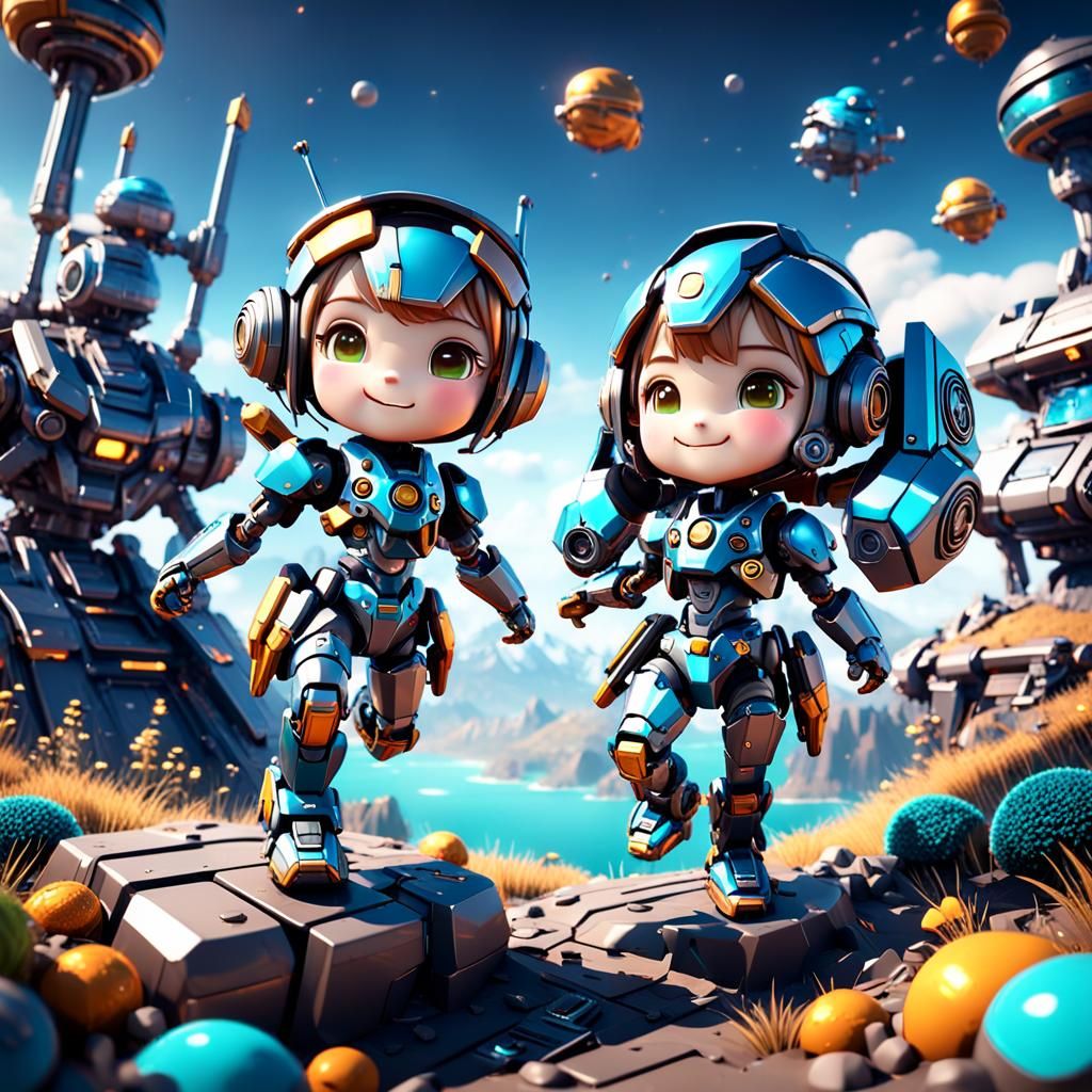 Detailed Chibi Mech Character with Sci-Fi Background