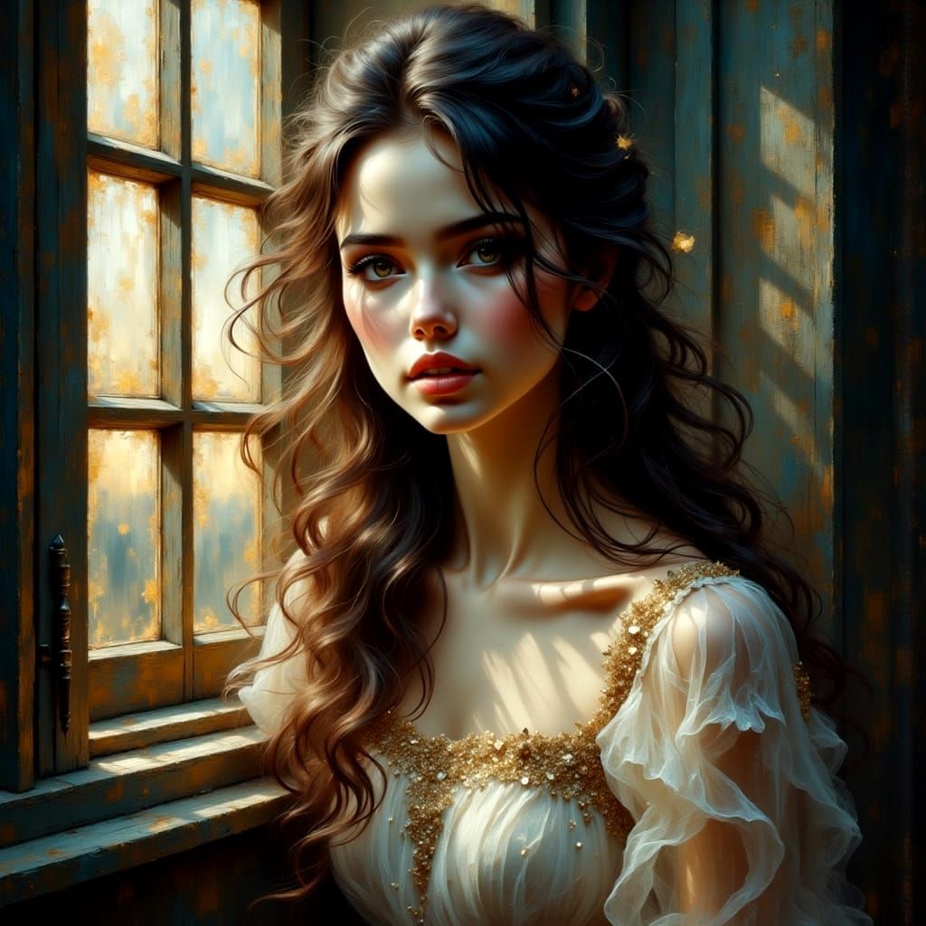 Surreal Dark Fantasy Girl Gazing at the Full Moon from a Rui...