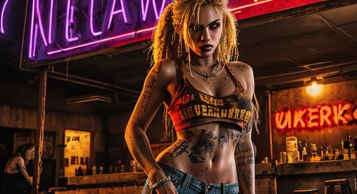 Post-Apocalyptic Woman in Neon Ruin-Bar