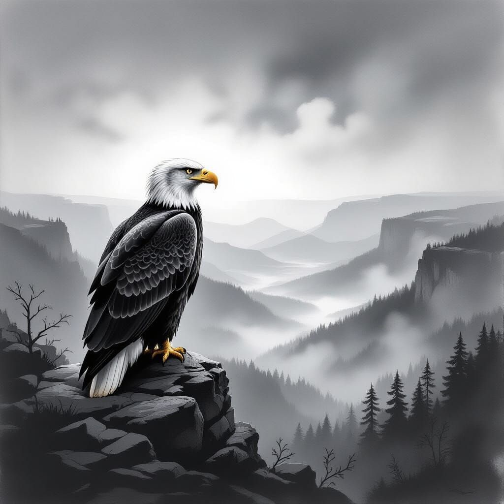 American Bald Eagle in Misty Valley Charcoal Sketch