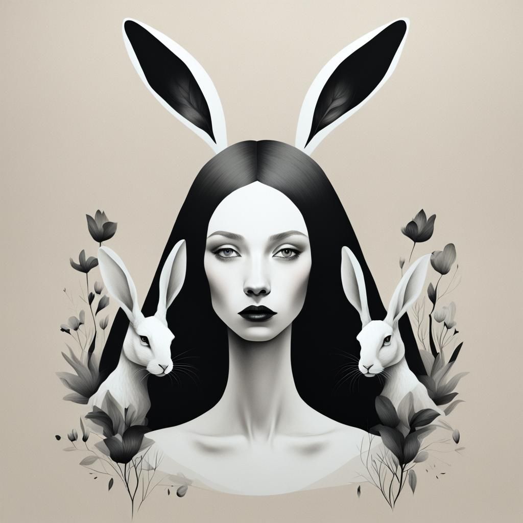 Surreal Hare-Headed Woman in Graphic Style
