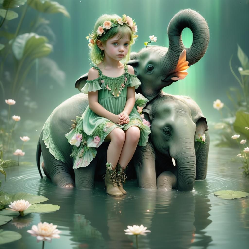 Ethereal Pixie Child on Elephant in Fantasy Illustration