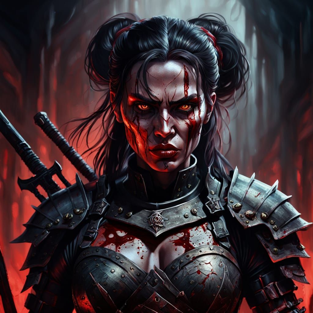 Warrior Woman in Dark Fantasy Oil Painting