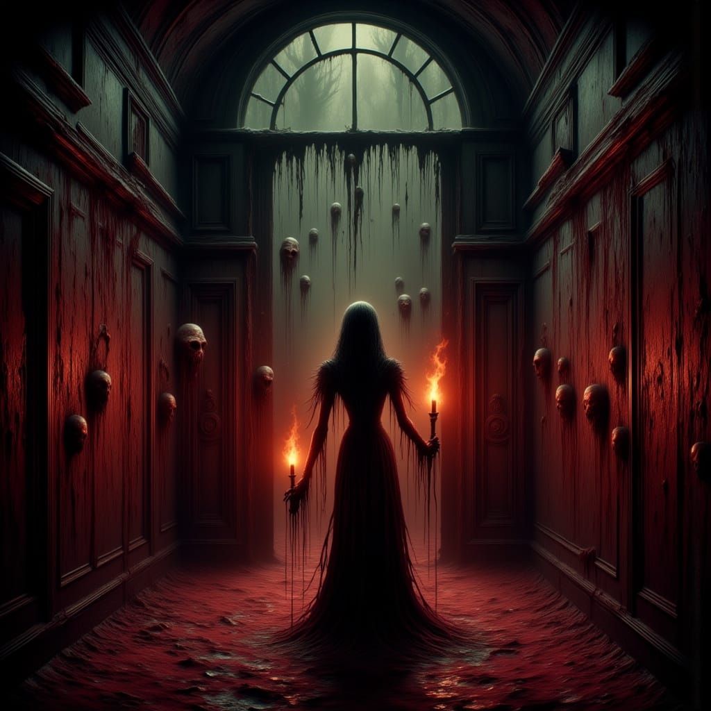 Eerie Horror: Woman with Candle in Blood-Soaked Room
