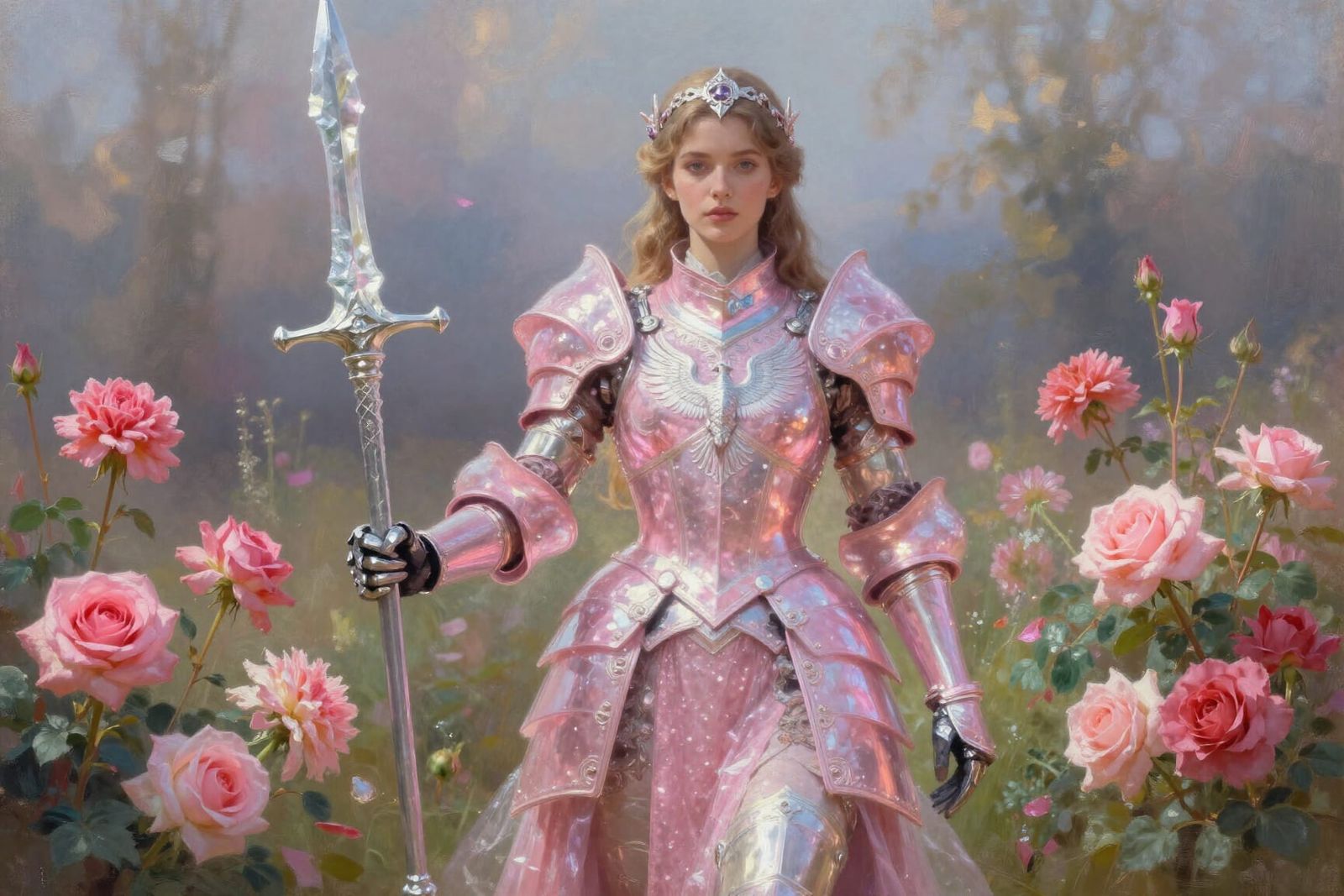 Princess Knight in Quartz Armor Amidst Floral Fields