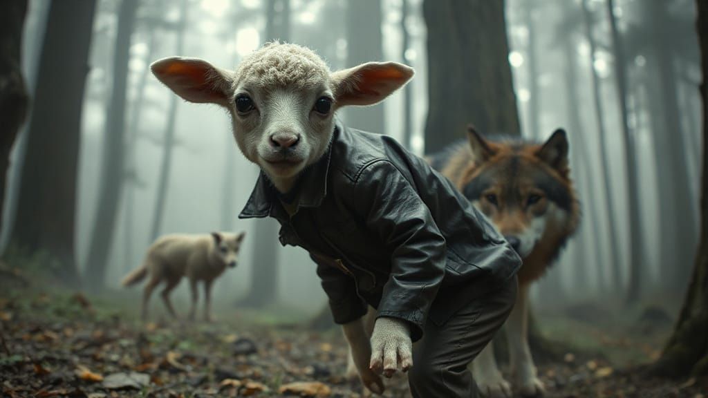 Fearful Lamb in Misty Forest, Digital Art