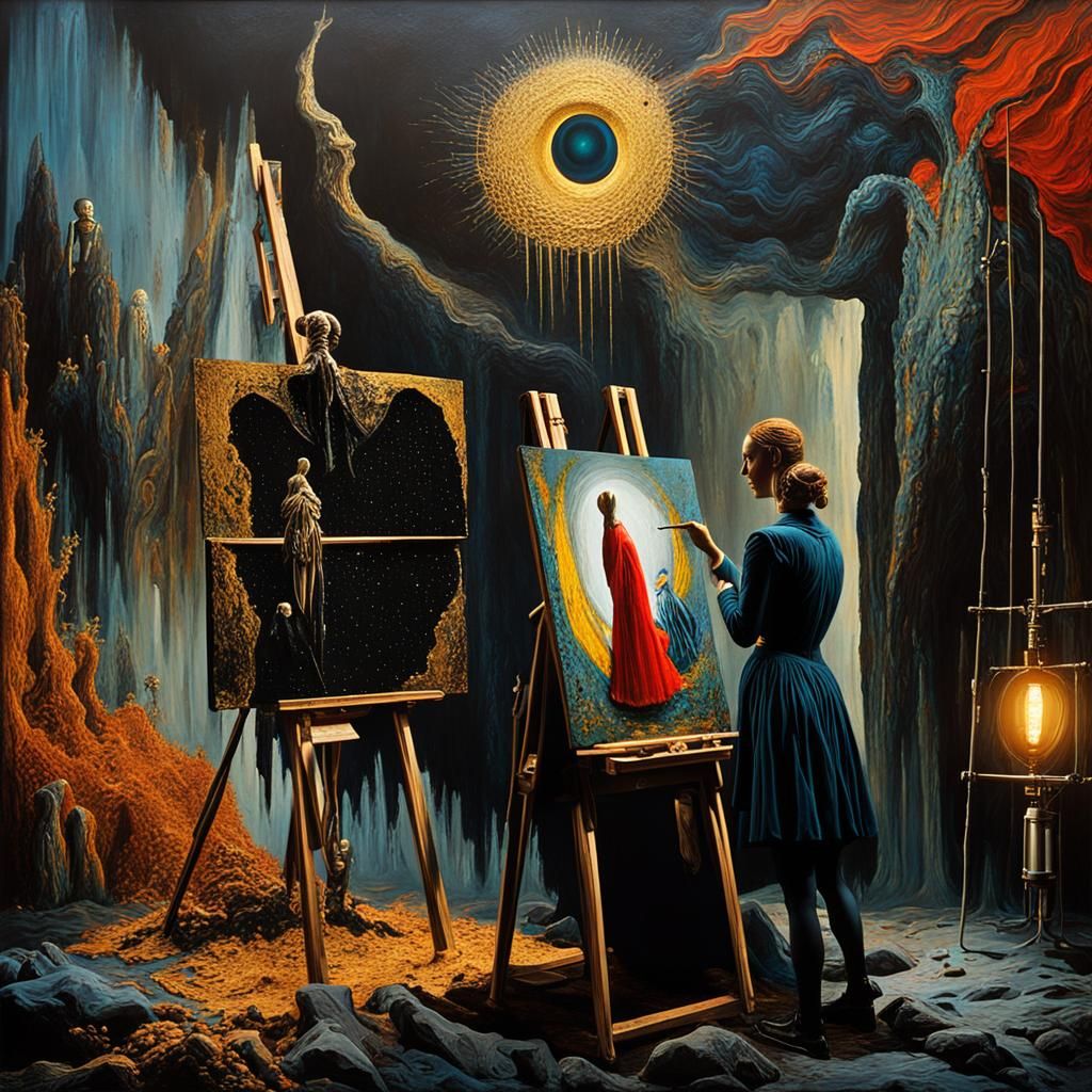 Surreal Dark Fantasy Painting with Dreamlike Figures