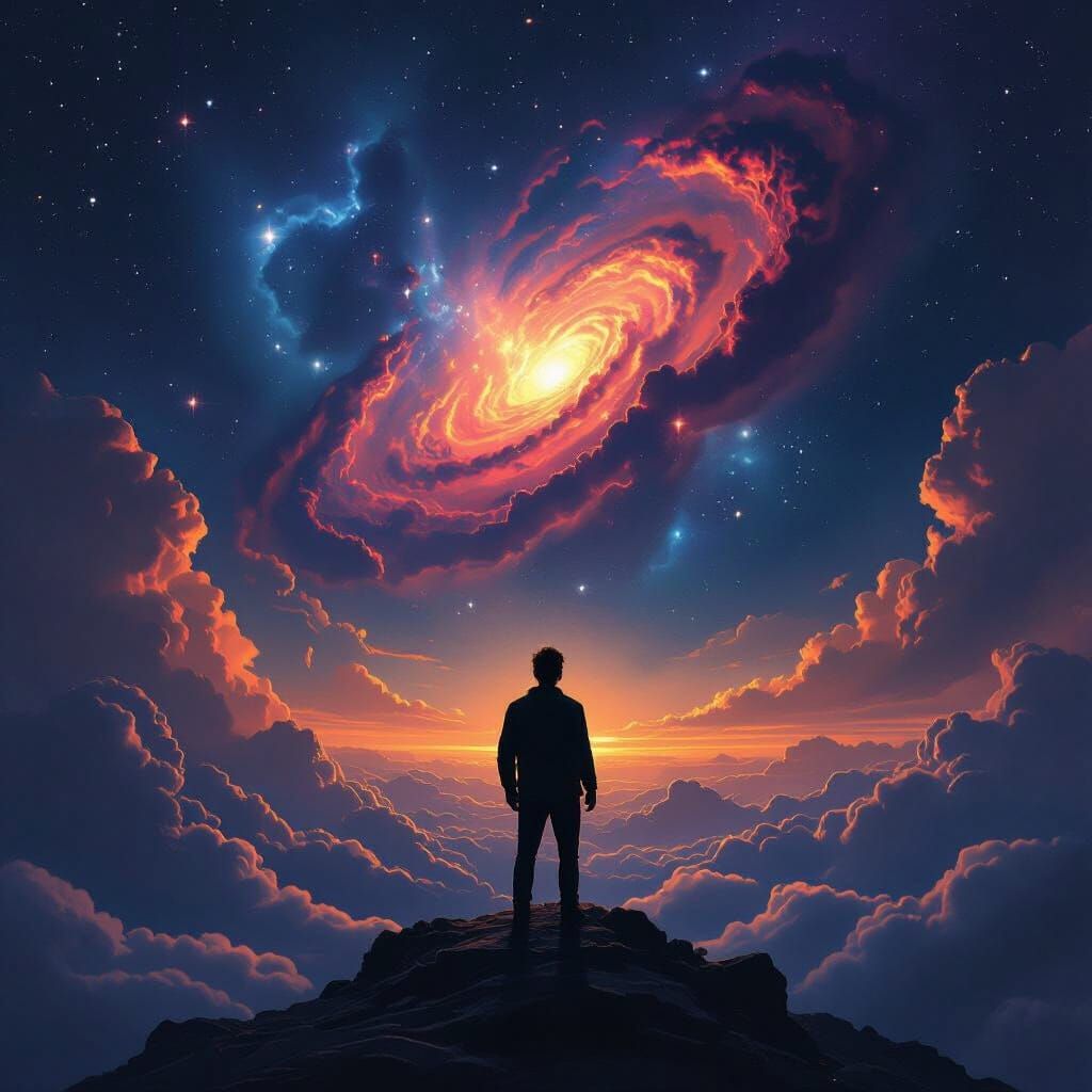 Man Defies Cosmic Storm on Cloudscape Nebula