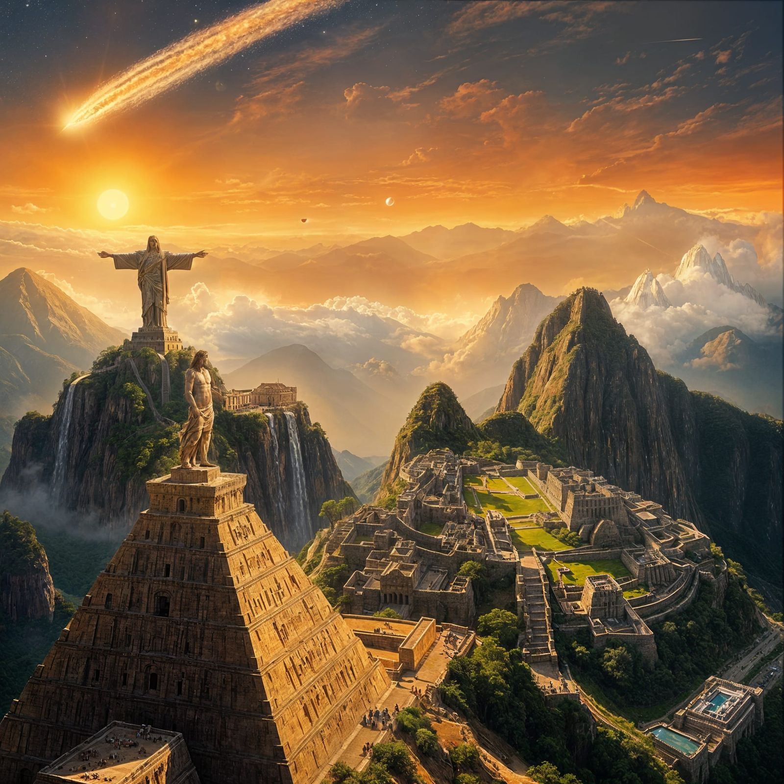 Ancient Marvels United in Realistic Oil Painting