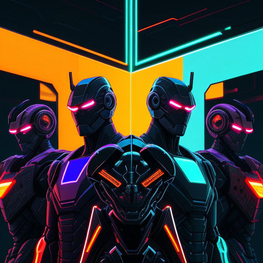 Retro Futuristic Robots Stand Guard in Neon-Lit Cityscape