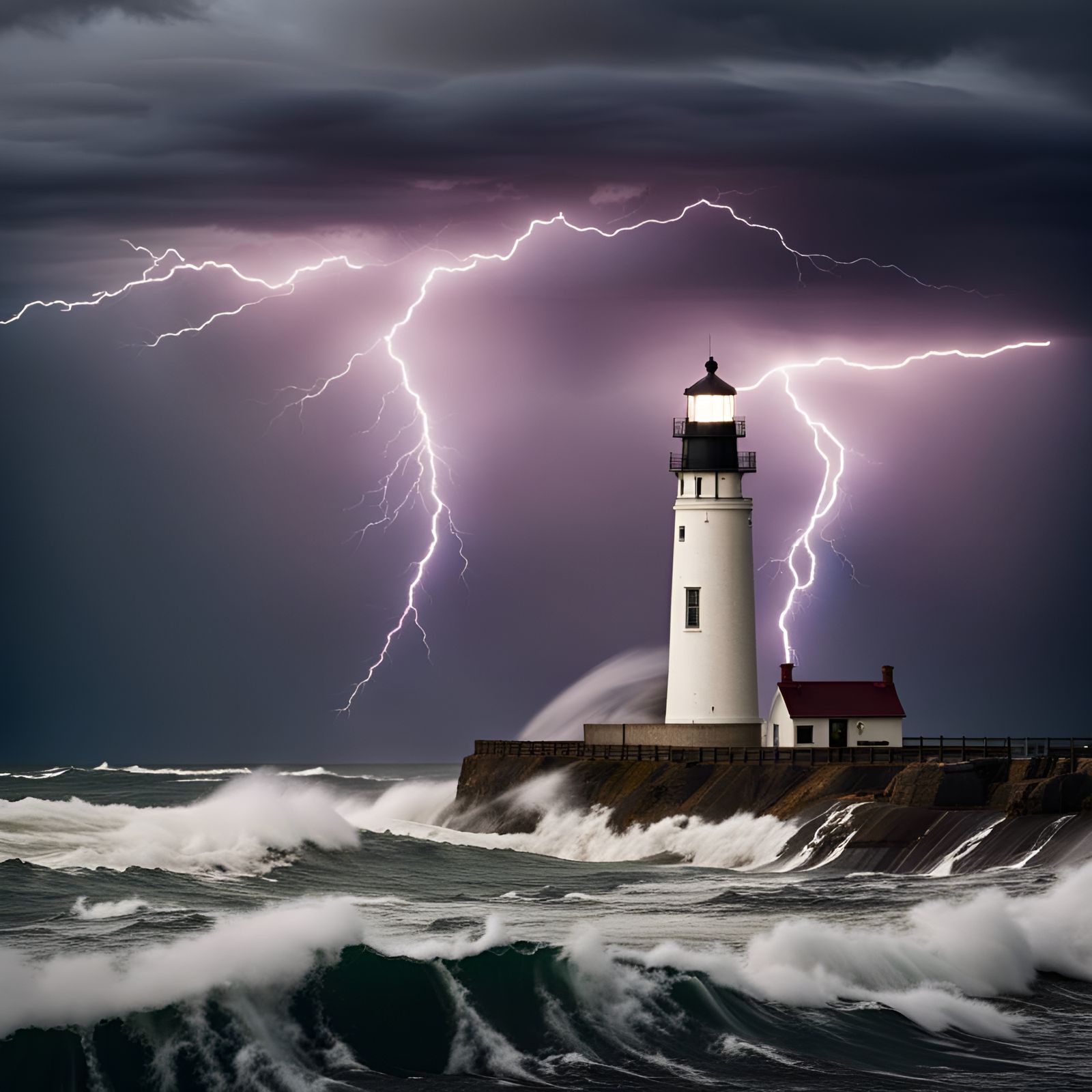 Lighthouse Seascape with Lightning