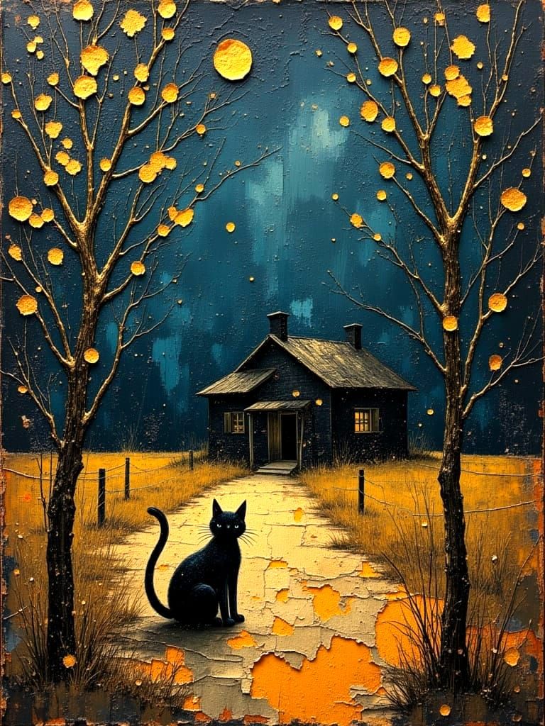 Melancholy Oil Painting of a Lone Cat at Night