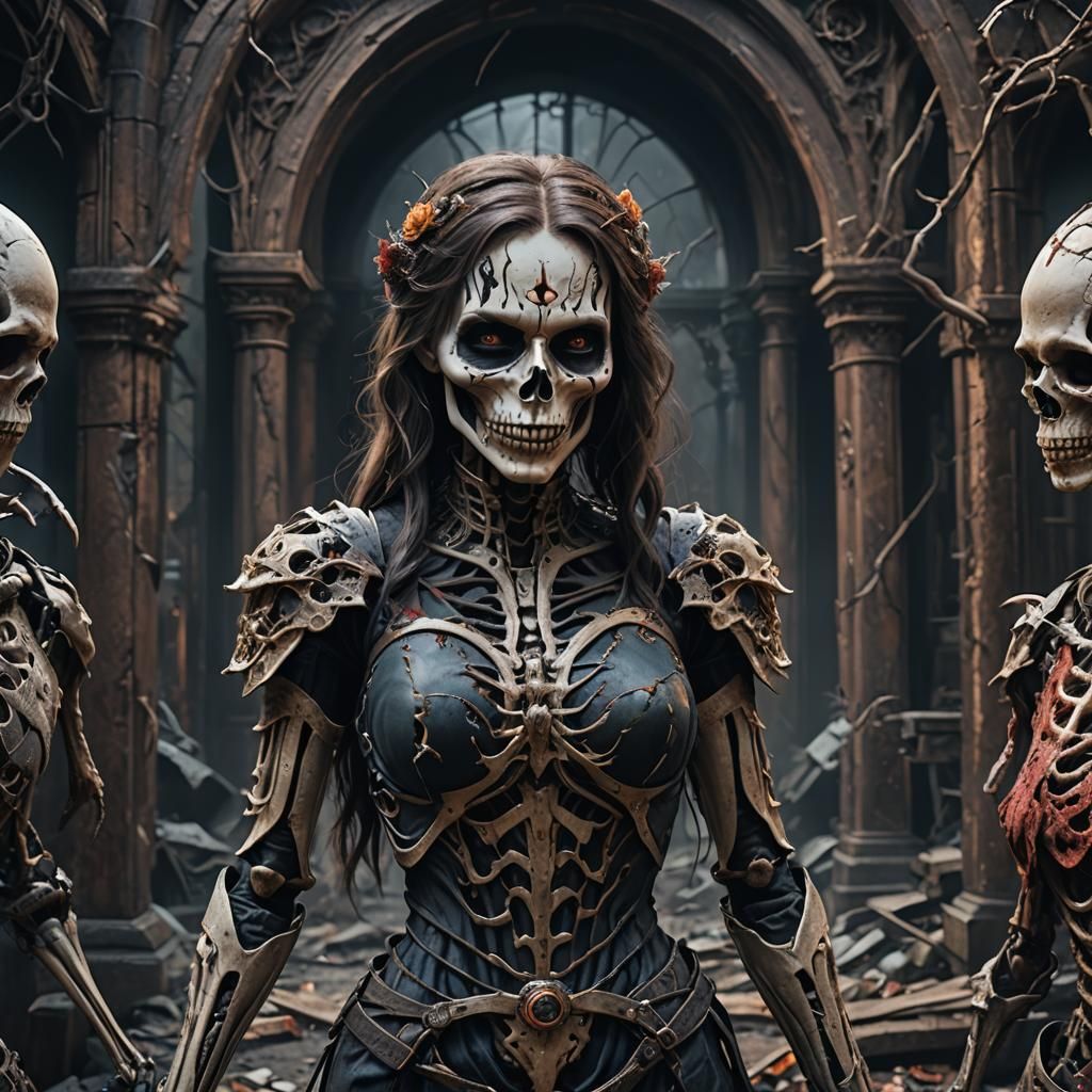 Horror Girl with Skeleton Half: Detailed Matte Painting