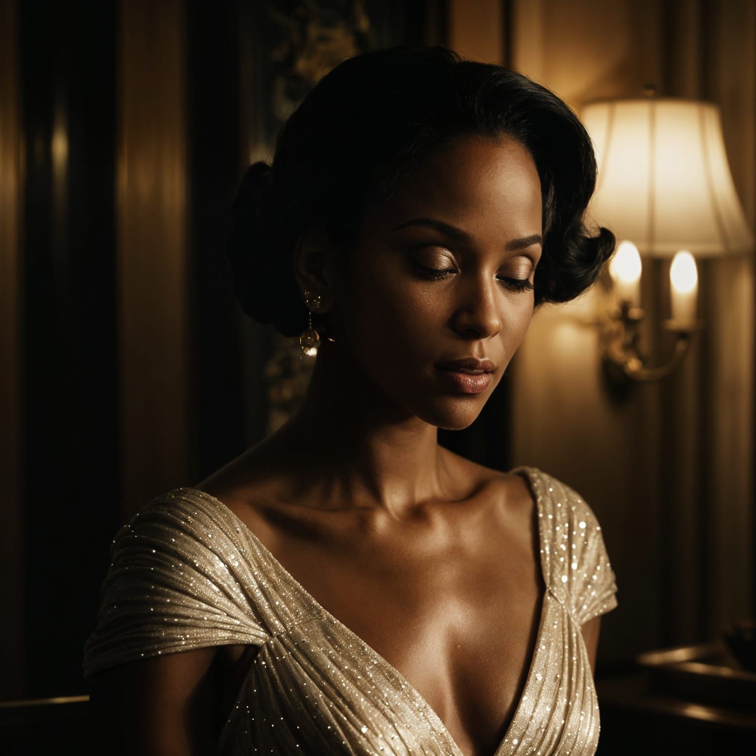 Noir film still. Medium shot. Tiana in a gown. Close up. Vintage oil painting style. Soft champagne gold accents. Creamy...