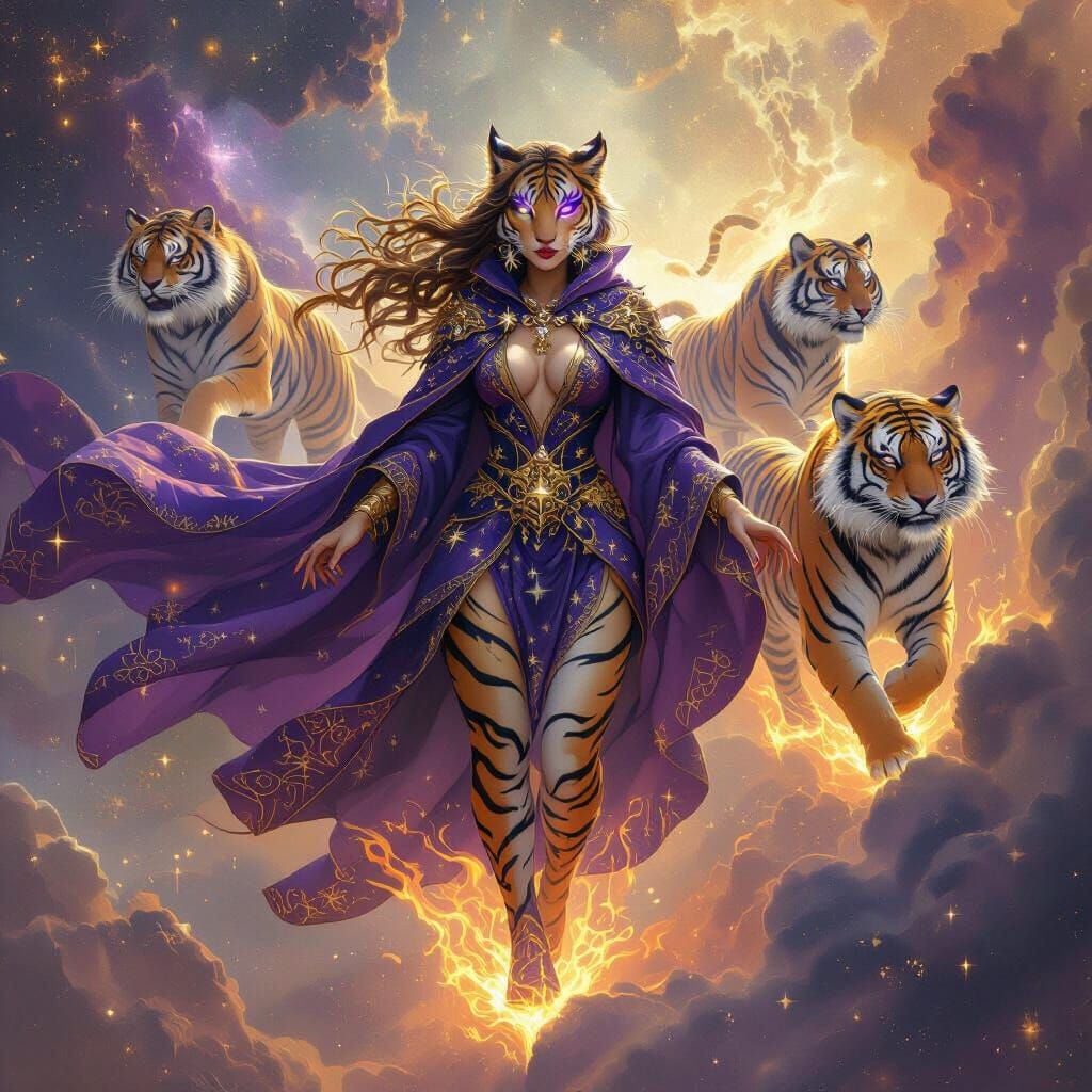 Celestial Tigress Soaring Through Nebula in Baroque Style