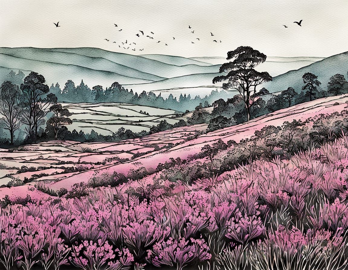 Blooming Heather in Morning Mist: Hand-Colored Linoprint