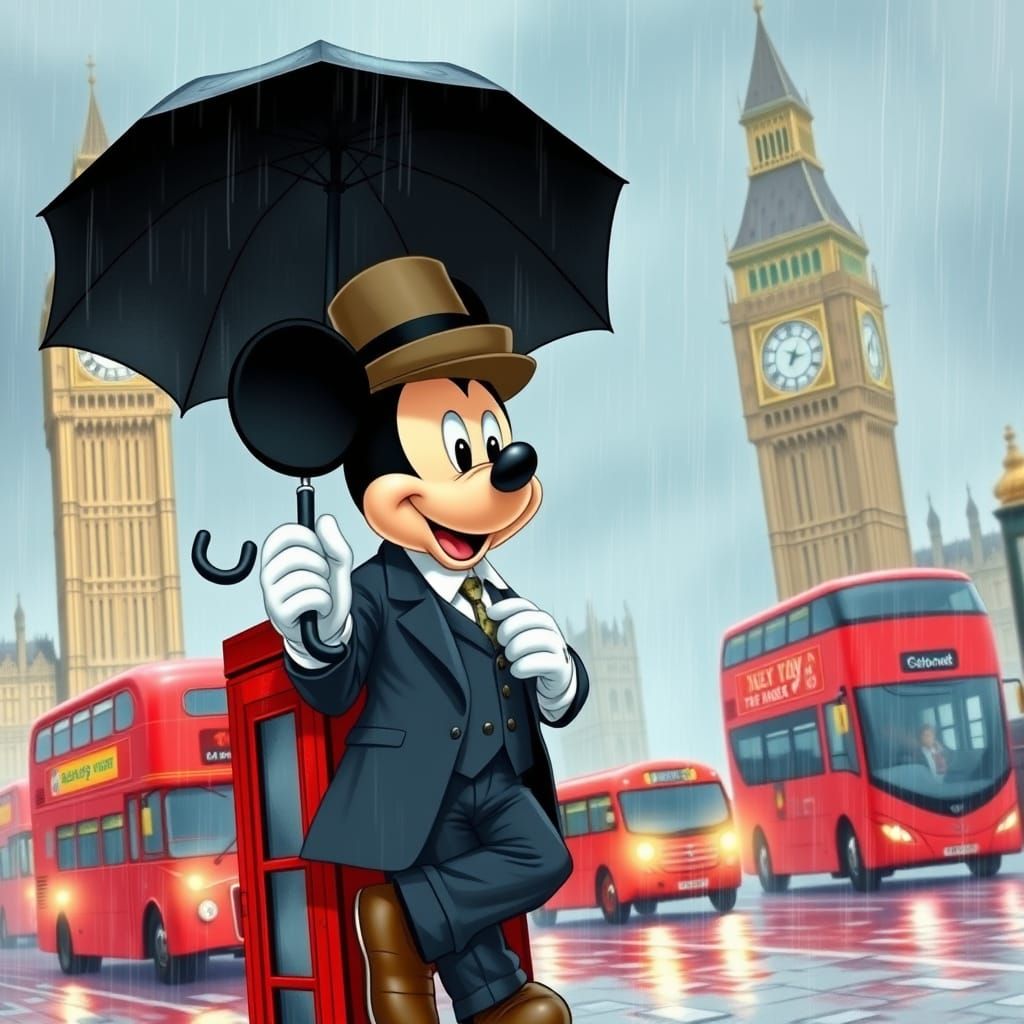 Mickey Mouse in Classic English Attire Beside Big Ben