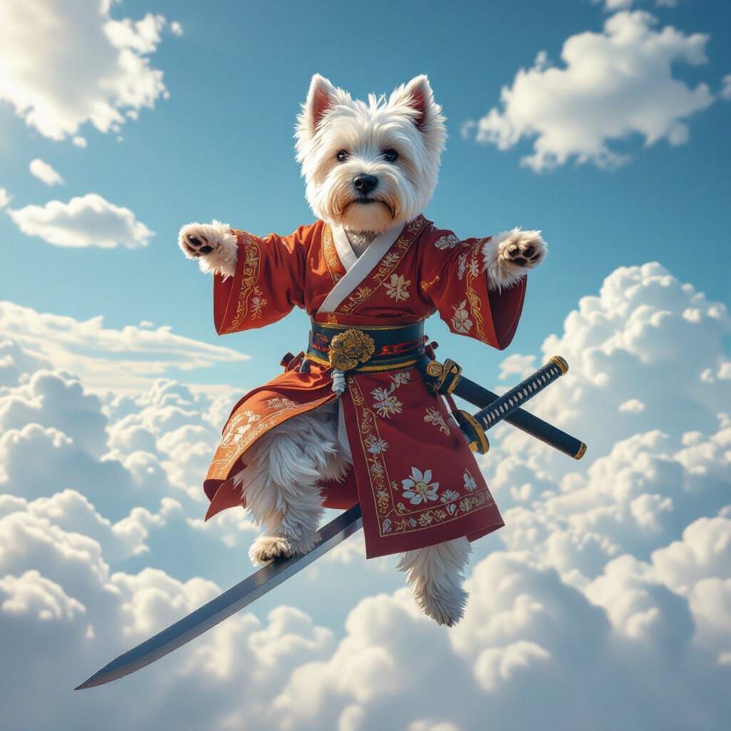 Westie Dog Balances on Sword in Ancient Chinese Attire