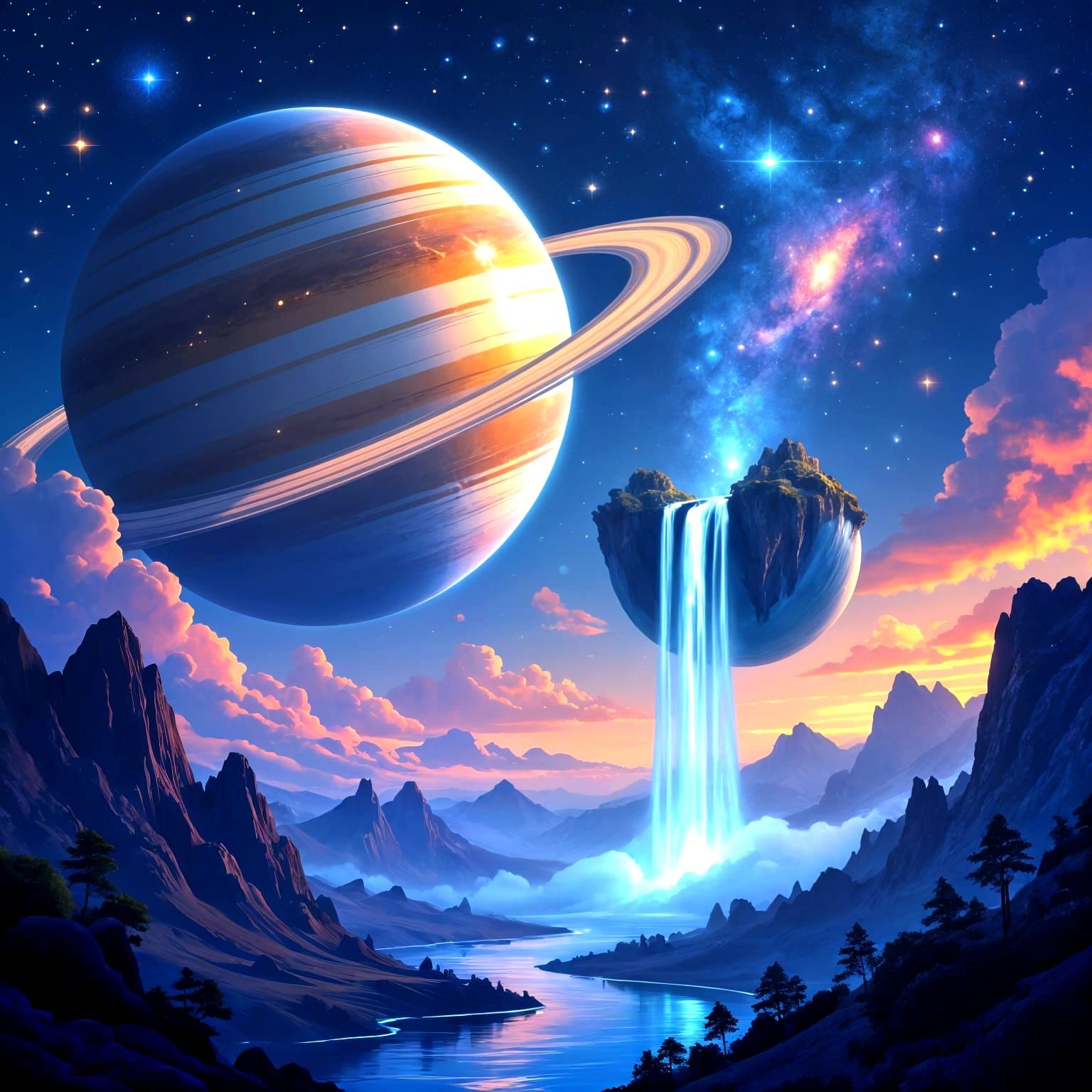 Cosmic Waterfall Between Ringed Planets: Digital Art