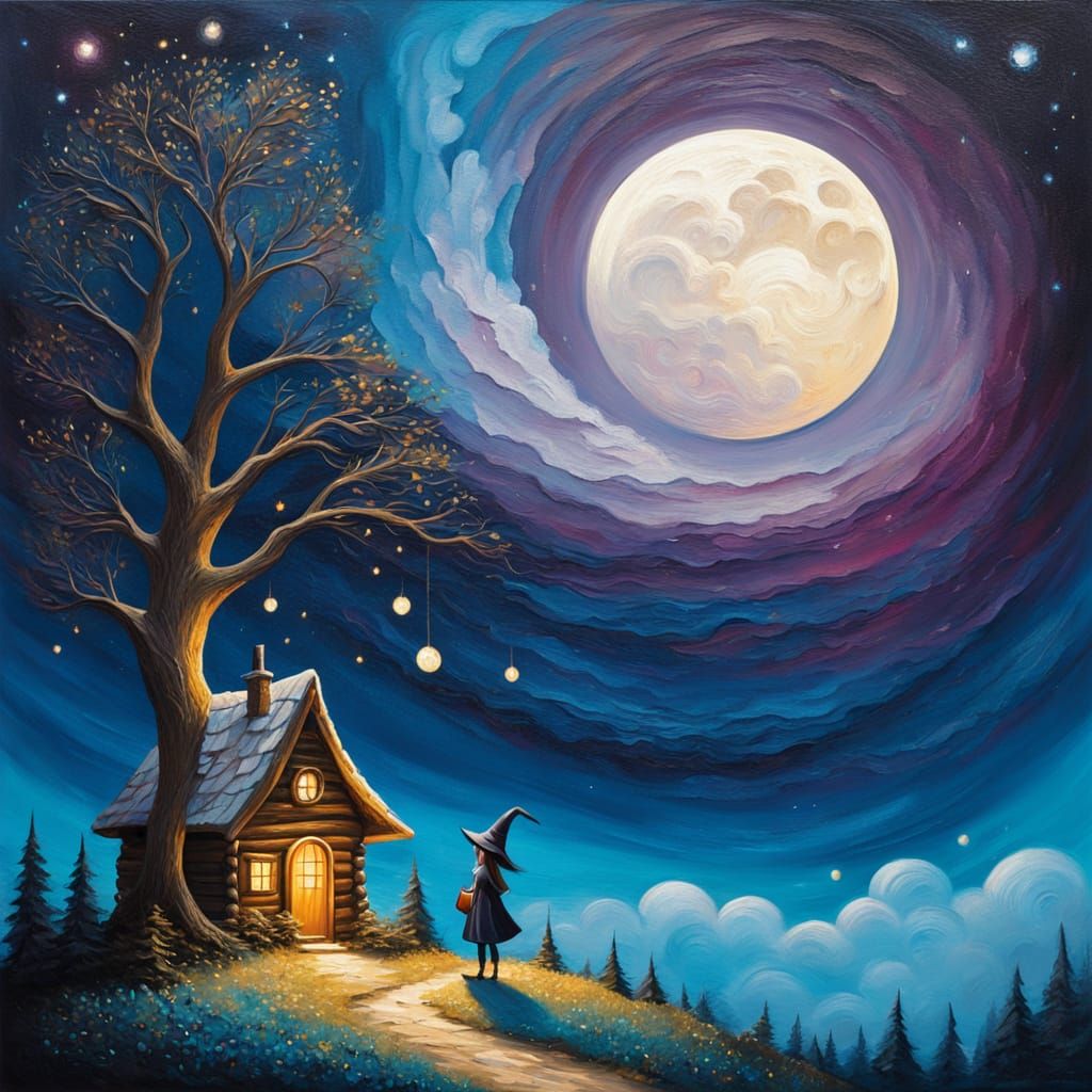 Whimsical Witch Cabin Under Night Sky, Impasto Painting