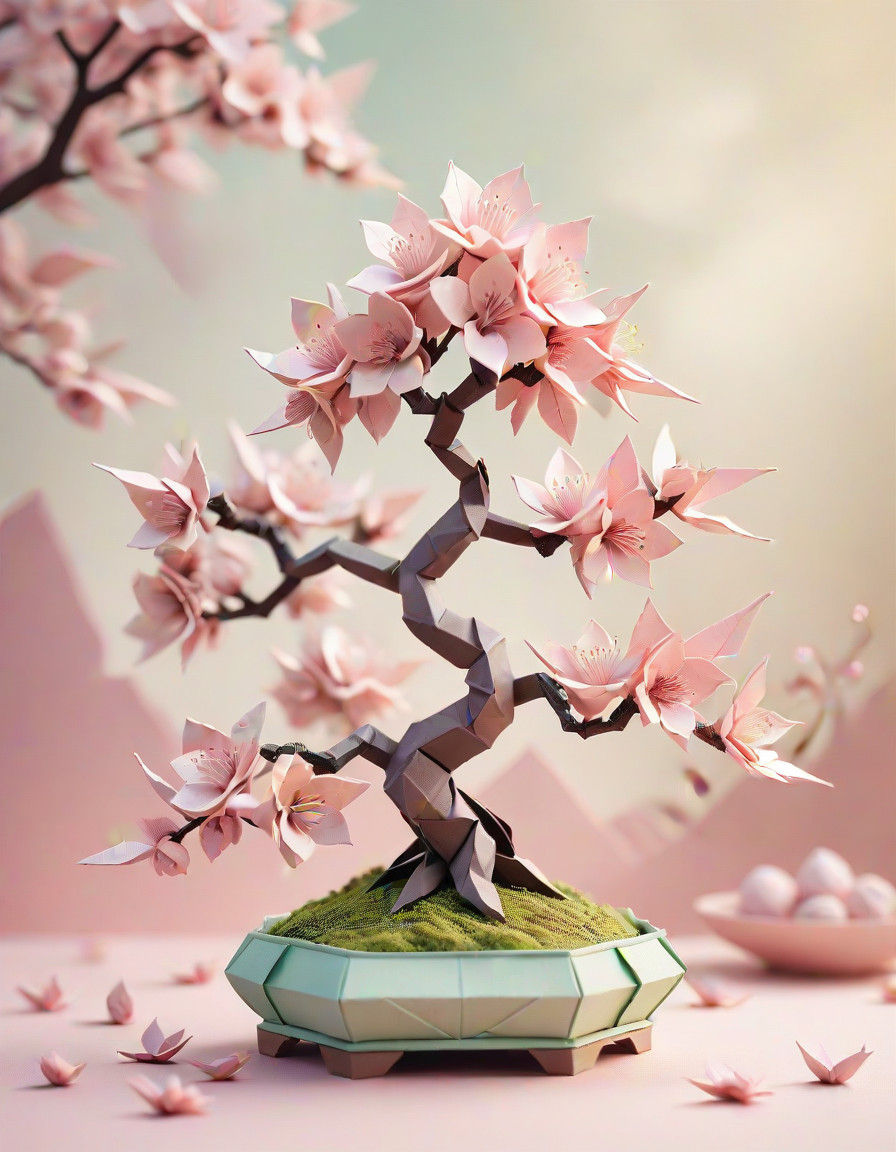 Delicate Origami Bonsai Cherry Blossom in Bloom