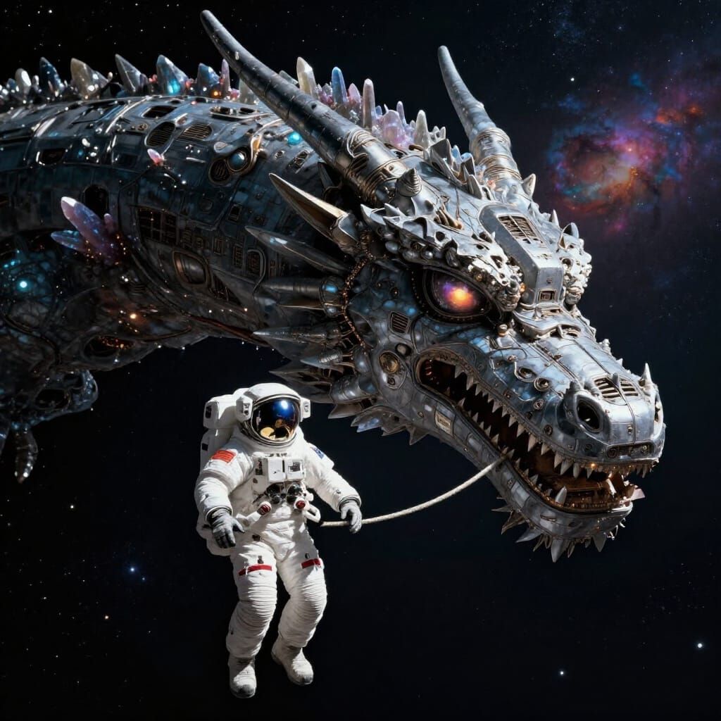 Astronaut Tethered to Dragon Spaceship in Cosmic Void