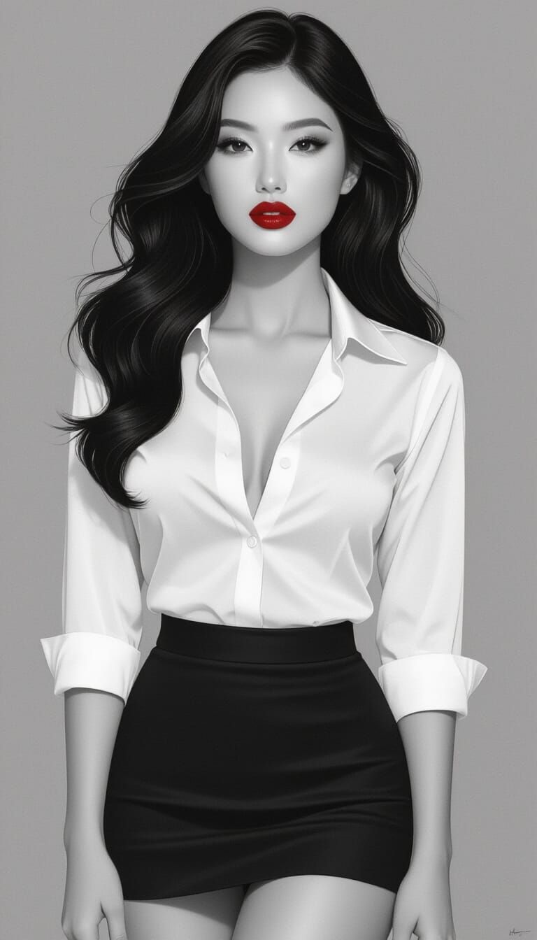 Elegant Woman Portrait in Black and White with Red Lips